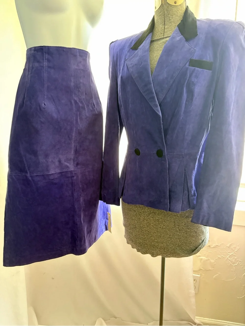 Vtg 80s cobalt blue suede skirt set NOS